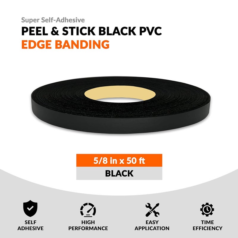 LEAFLEX Black PVC 5/8 inch x 50 ft Edge Banding Peel and Stick Strong Adhesive Edging Trim Flexible and Durable Veneer for Wood Cabinate Laminate Shelf Restoration - Image 2